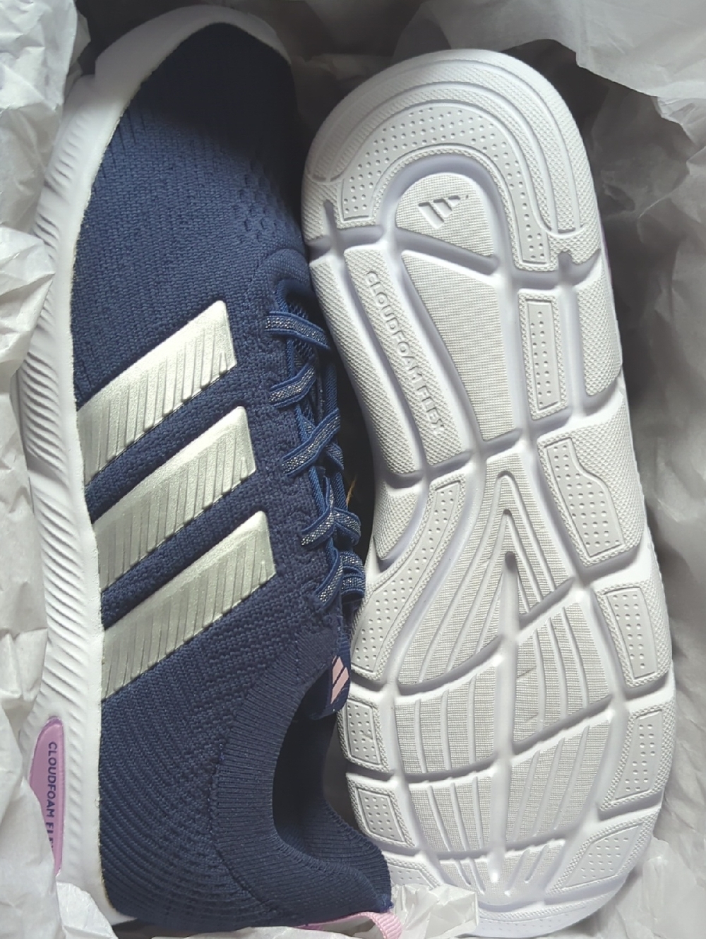 Adidas Navy and White Knit Slip-On Sneakers with Silver Stripes